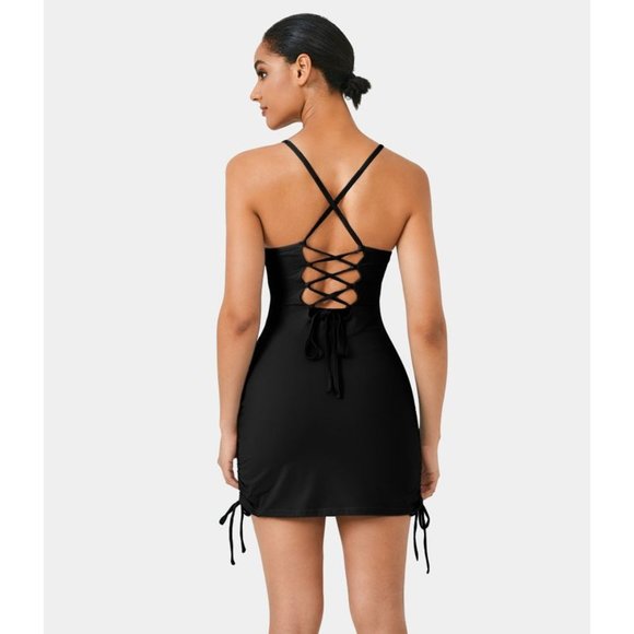 NWOT - HALARA Lace Up Back Ruched Sides Bodycon Active Dress Built-In Bra - M - Picture 2 of 11